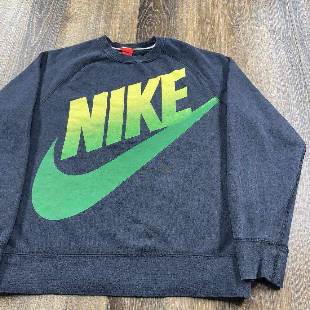 Nike Sweatshirt Mens L Black Swoosh Check Big Green Yellow Spellout Logo Sweater